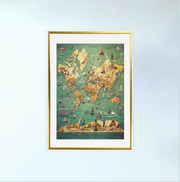 世界地図のアートポスター金フレームあり