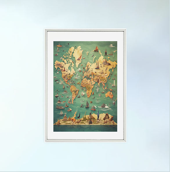 世界地図のアートポスター銀フレームあり