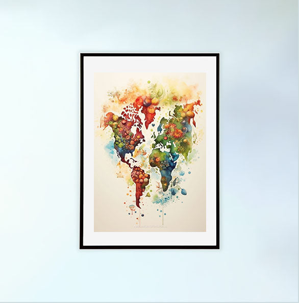 世界地図のアートポスター黒フレームあり