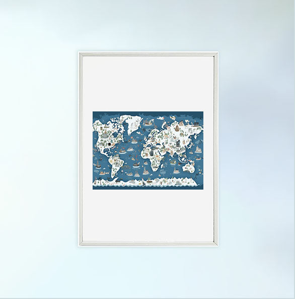 世界地図のアートポスター白フレームあり