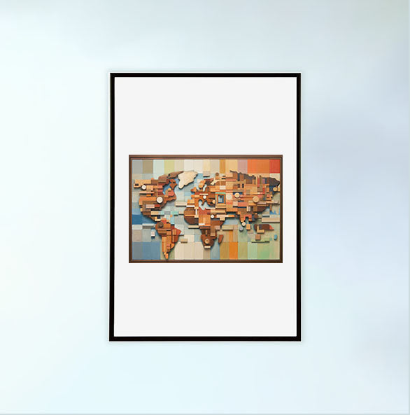 世界地図のアートポスター黒フレームあり