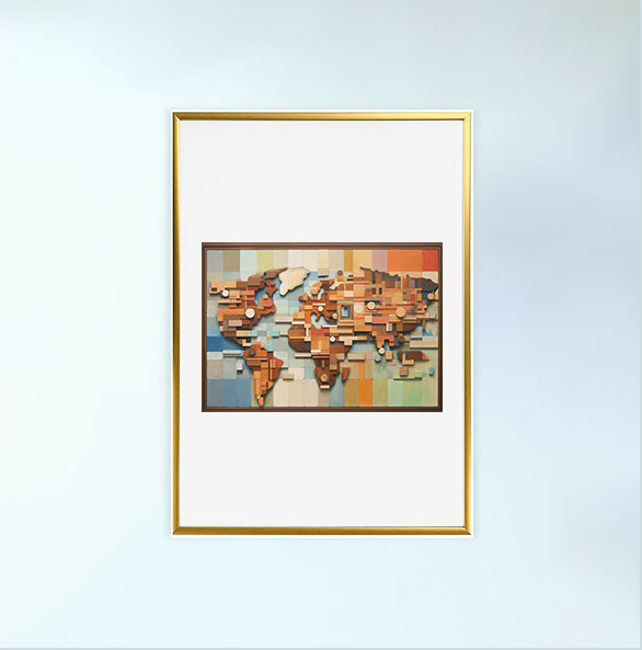 世界地図のアートポスター金フレームあり