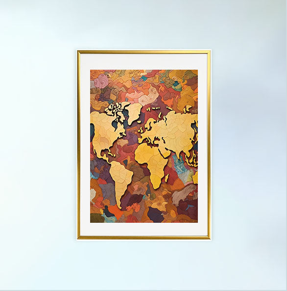 世界地図のアートポスター金フレームあり