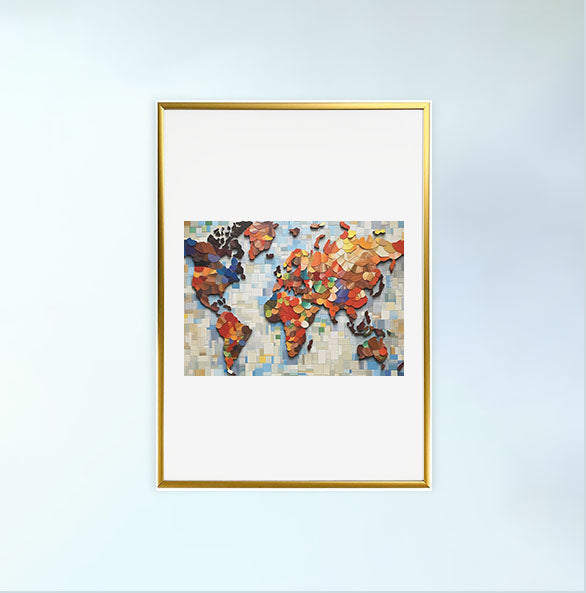 世界地図のアートポスター金フレームあり