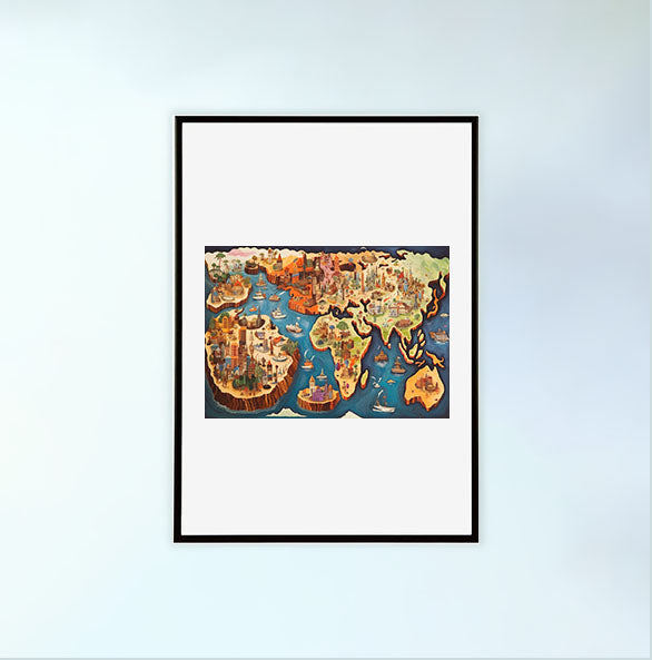 世界地図のアートポスター黒フレームあり