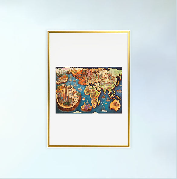 世界地図のアートポスター金フレームあり