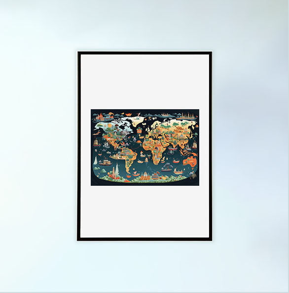 世界地図のアートポスター黒フレームあり