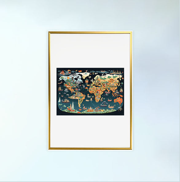 世界地図のアートポスター金フレームあり