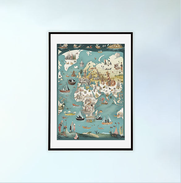 世界地図のアートポスター黒フレームあり