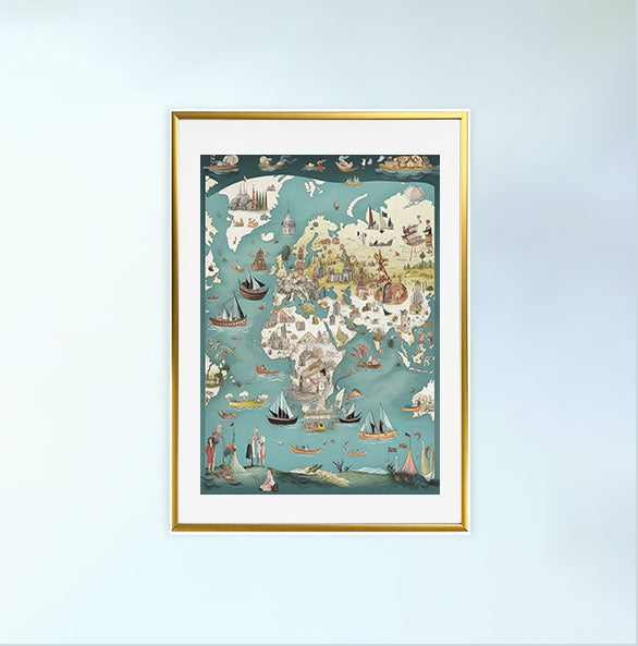 世界地図のアートポスター金フレームあり