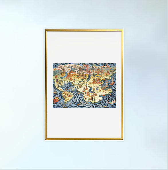 世界地図のアートポスター金フレームあり