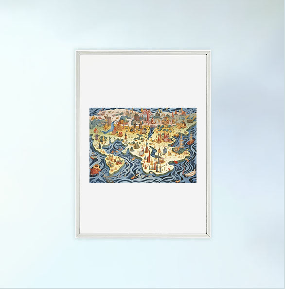 世界地図のアートポスター白フレームあり
