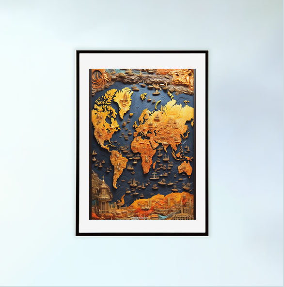 世界地図のアートポスター黒フレームあり