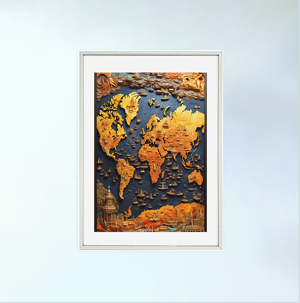 世界地図のアートポスター銀フレームあり