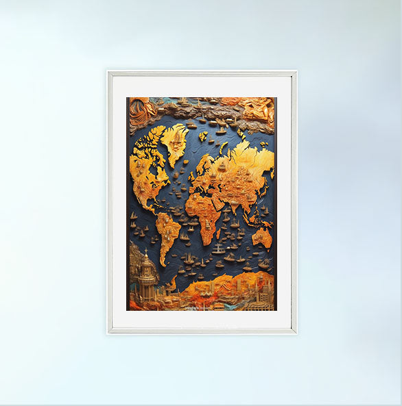 世界地図のアートポスター白フレームあり
