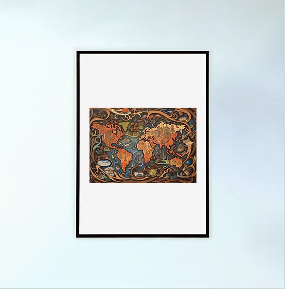 世界地図のアートポスター黒フレームあり