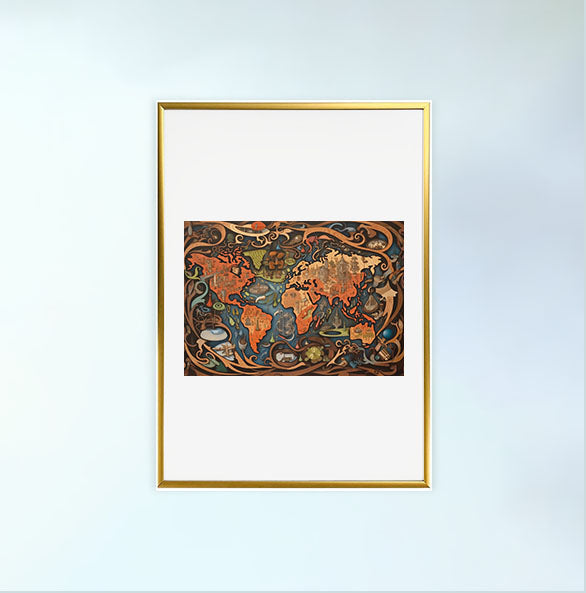 世界地図のアートポスター金フレームあり