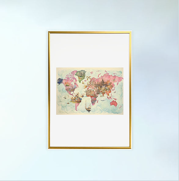 世界地図のアートポスター金フレームあり