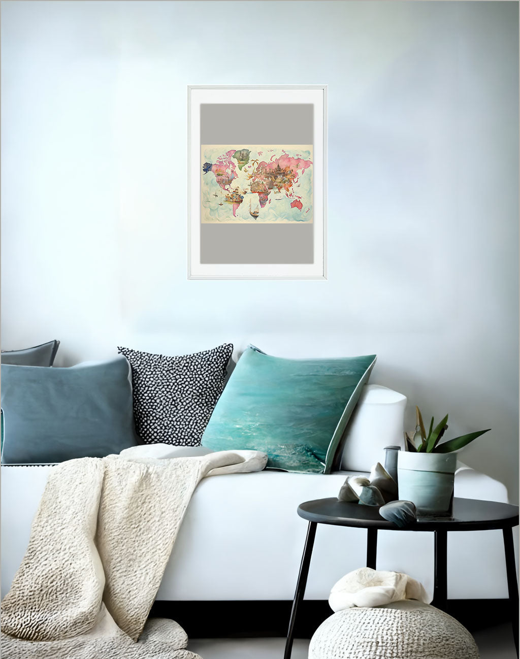世界地図のアートポスターソファ配置イメージ
