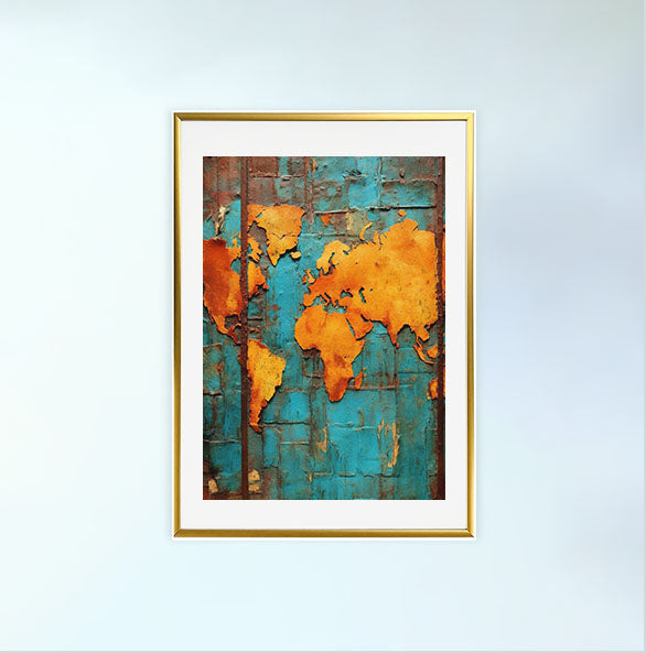 世界地図のアートポスター金フレームあり