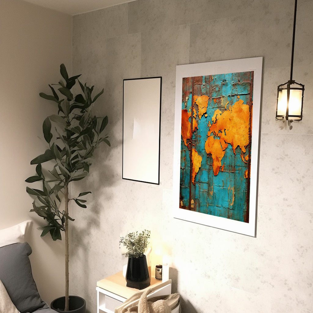 世界地図のアートポスター廊下配置イメージ