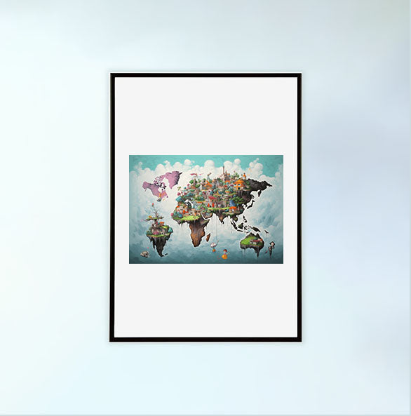 世界地図のアートポスター黒フレームあり
