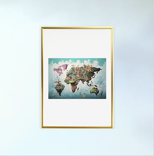 世界地図のアートポスター金フレームあり