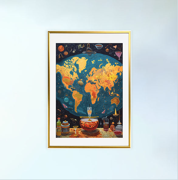 世界地図のアートポスター金フレームあり