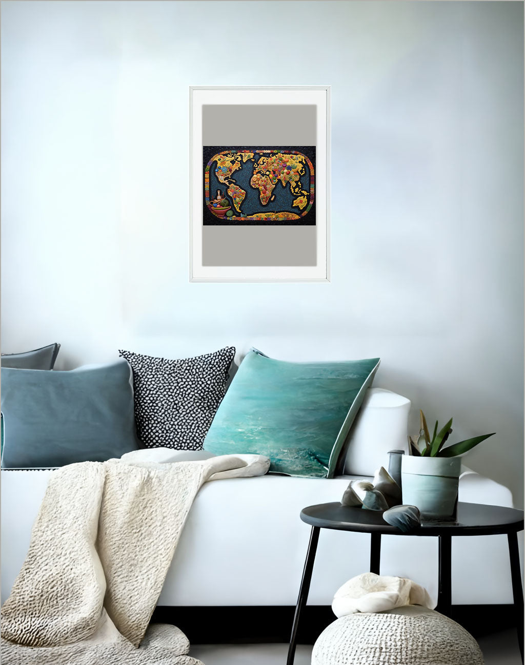 世界地図のアートポスターソファ配置イメージ