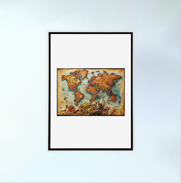 世界地図のアートポスター黒フレームあり
