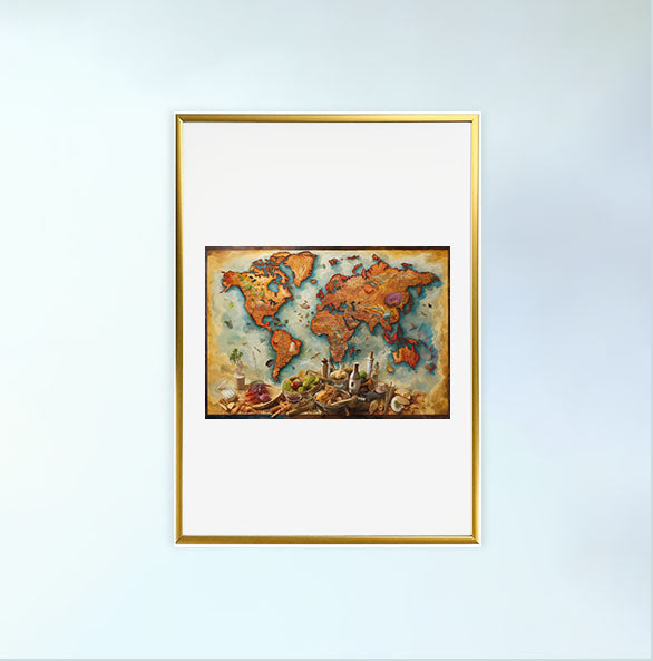 世界地図のアートポスター金フレームあり
