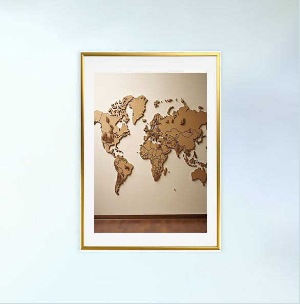 世界地図のアートポスター金フレームあり