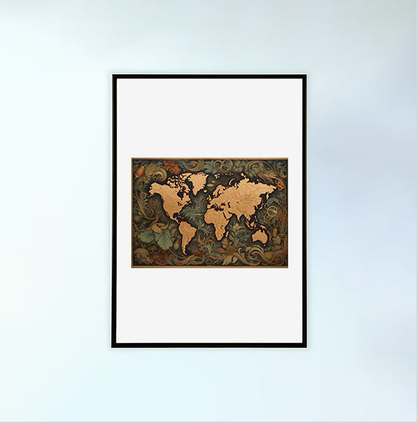 世界地図のアートポスター黒フレームあり