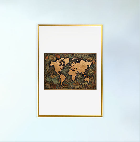 世界地図のアートポスター金フレームあり