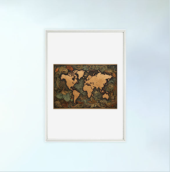 世界地図のアートポスター白フレームあり