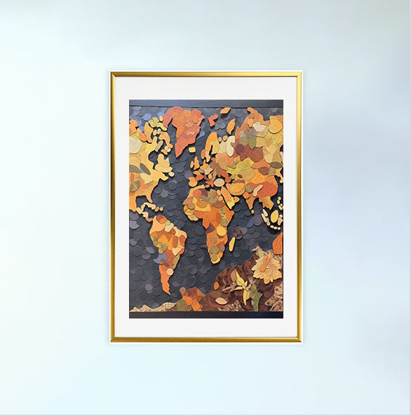 世界地図のアートポスター金フレームあり