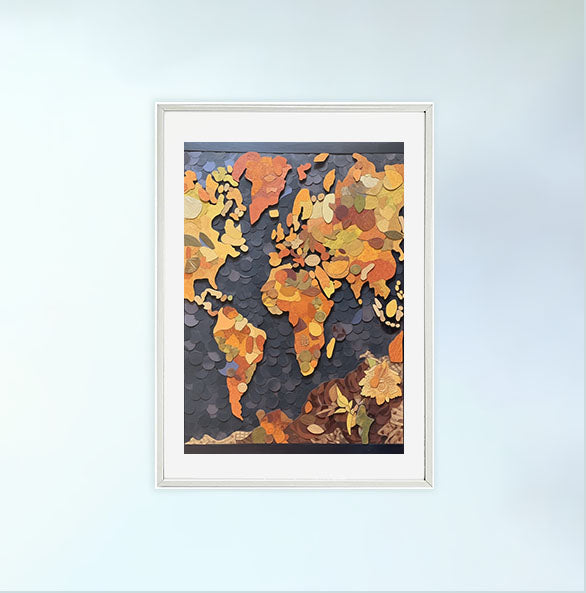 世界地図のアートポスター白フレームあり