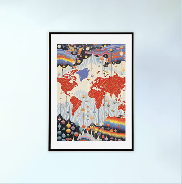 世界地図のアートポスター黒フレームあり