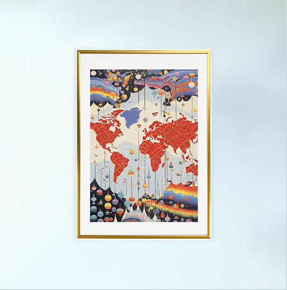 世界地図のアートポスター金フレームあり