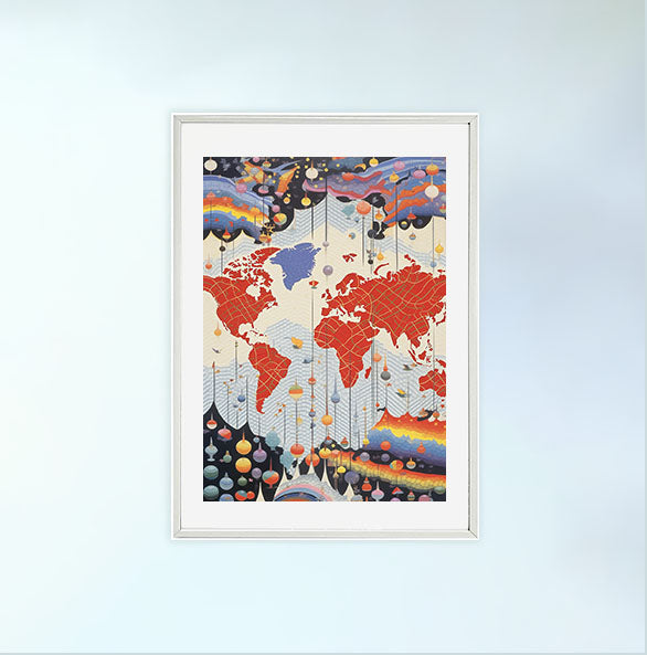 世界地図のアートポスター白フレームあり