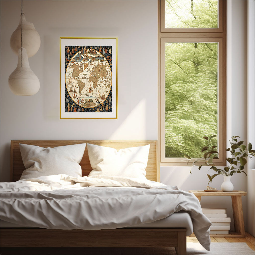 世界地図のアートポスター寝室配置イメージ