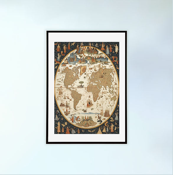 世界地図のアートポスター黒フレームあり