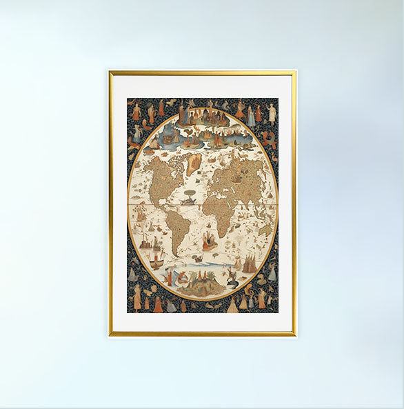 世界地図のアートポスター金フレームあり
