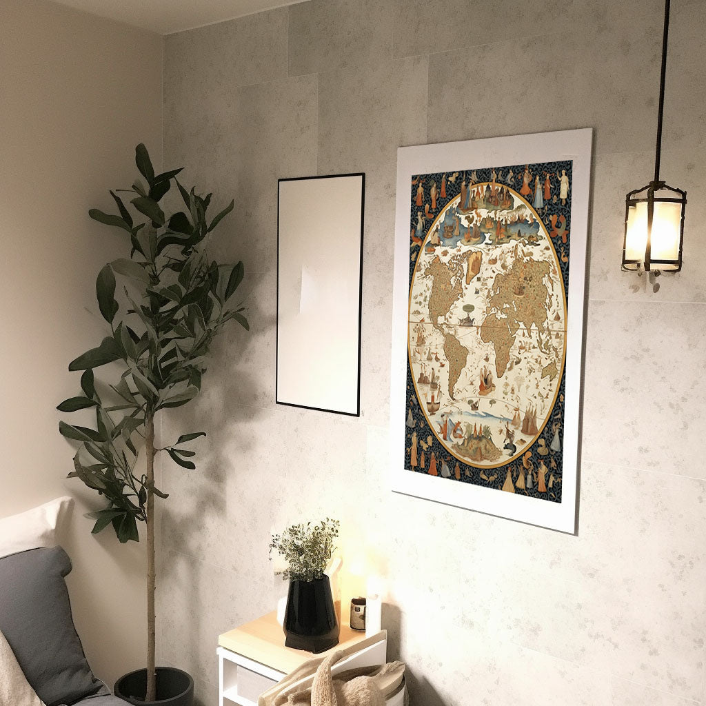 世界地図のアートポスター廊下配置イメージ