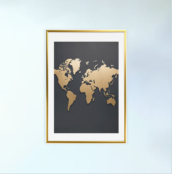 世界地図のアートポスター金フレームあり