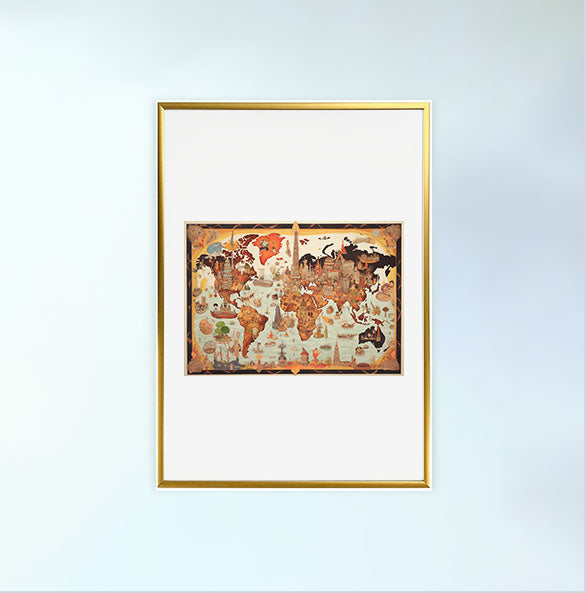 世界地図のアートポスター金フレームあり