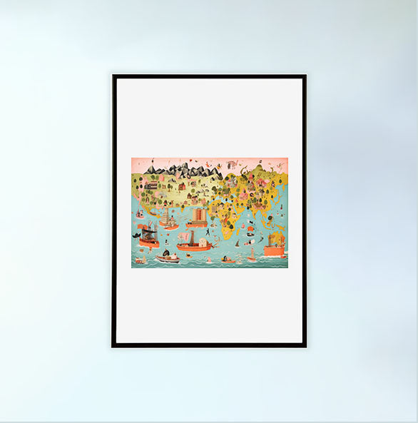 世界地図のアートポスター黒フレームあり