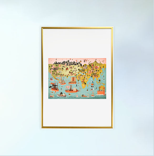 世界地図のアートポスター金フレームあり
