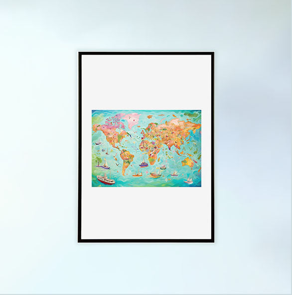 世界地図のアートポスター黒フレームあり