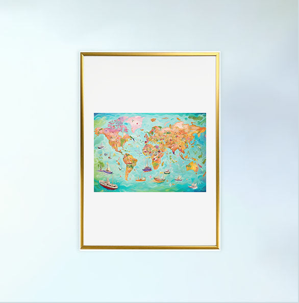 世界地図のアートポスター金フレームあり